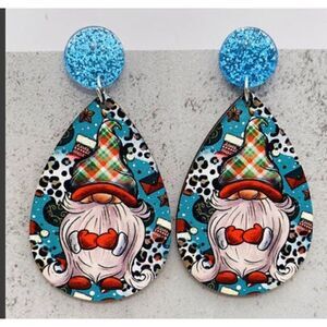 Wooden Water Drop Fall Earrings Holiday Gnome on Blue background New